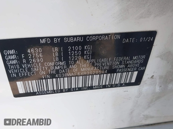 2024 Subaru Legacy Premium with VIN 4S3BWAF6XR3020504, listed as a IAAI auction lot 42660307 with 16,637 mi miles and . Bid and sale history available at DreamBid. Image 9.