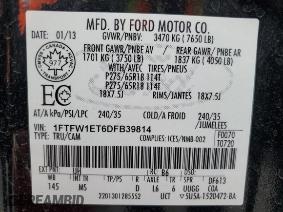 2013 Ford F-150 XL with VIN 1FTFW1ET6DFB39814, listed as a Copart auction lot 84697464 with 232,874 mi miles and Clean Title. Bid and sale history available at carsss.com. Image 12.