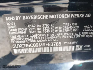 2021 BMW X5 xDrive40i with VIN 5UXCR6C09M9F83785, listed as a IAAI auction lot 41828697 with 57,863 mi miles. Bid and sale history available at carsss.com. Image 9.