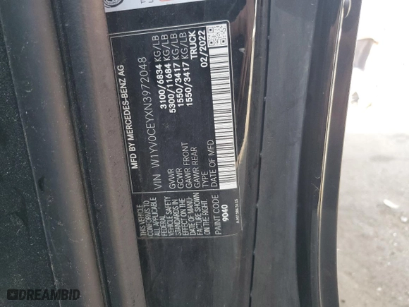 2022 Mercedes-Benz Metris Cargo Van with VIN W1YV0CEYXN3972048, listed as a Copart auction lot 63077454 with 0 mi miles and Salvage Title. Bid and sale history available at carsss.com. Image 13.