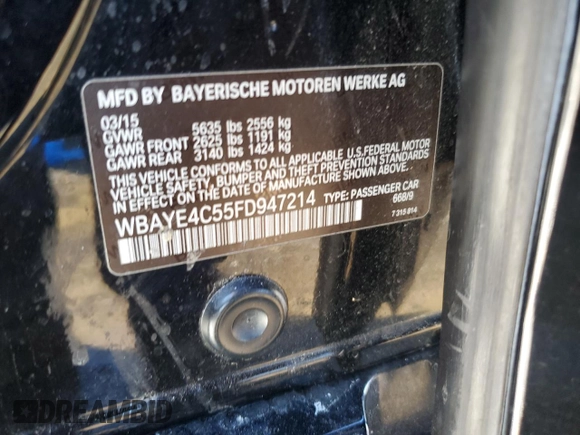 2015 BMW 7 Series 740Li with VIN WBAYE4C55FD947214, listed as a Copart auction lot 87261354 with 393,256 mi miles and Salvage Title. Bid and sale history available at DreamBid. Image 13.