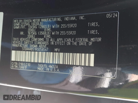 2024 Toyota Highlander XLE z VIN 5TDAAAB51RS058547, wystawiony jako IAAI lot #41967637 z przebiegiem 13 191 mil mil oraz . Historia ofert i sprzedaży dostępna na DreamBid. Obrazek 9.