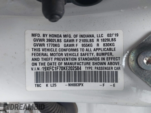 2019 Honda Civic EX-L z VIN 19XFC1F70KE202584, wystawiony jako IAAI lot #41727976 z przebiegiem 67 891 mil mil oraz . Historia ofert i sprzedaży dostępna na DreamBid. Obrazek 9.