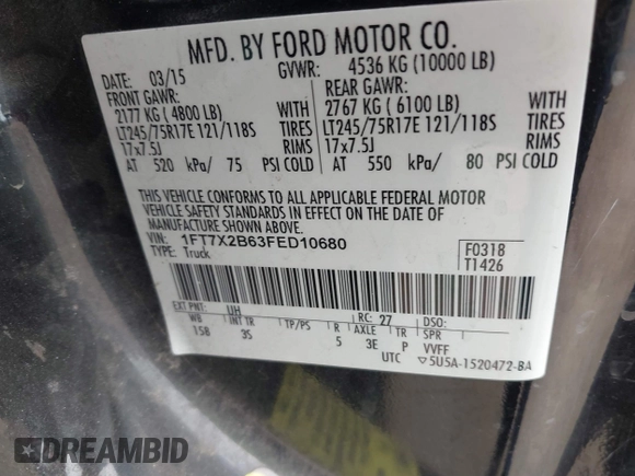 2015 Ford F-250 XLT z VIN 1FT7X2B63FED10680, wystawiony jako IAAI lot #41503254 z przebiegiem 261 634 mil mil oraz . Historia ofert i sprzedaży dostępna na DreamBid. Obrazek 9.