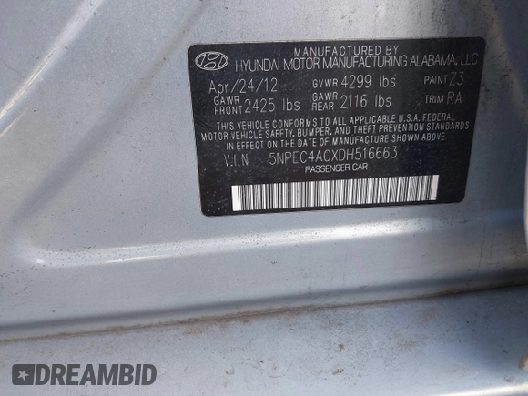 2013 Hyundai Sonata Limited with VIN 5NPEC4ACXDH516663, listed as a IAAI auction lot 41768649 with 57,983 mi miles and . Bid and sale history available at carsss.com. Image 9.