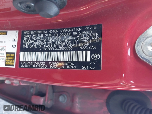 2018 Toyota Prius Two with VIN JTDKBRFUXJ3592766, listed as a IAAI auction lot 41753682 with 125,662 mi miles. Bid and sale history available at carsss.com. Image 9.