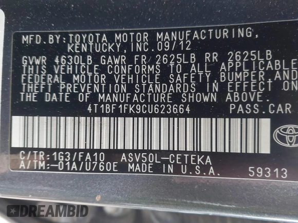 2012 Toyota Camry L with VIN 4T1BF1FK9CU623664, listed as a IAAI auction lot 41425197 with 142,353 mi miles. Bid and sale history available at carsss.com. Image 9.