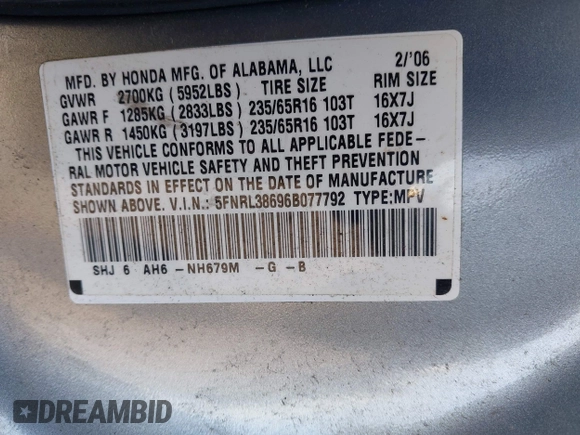 2006 Honda Odyssey EX-L with VIN 5FNRL38696B077792, listed as a IAAI auction lot 42048793 with 149,868 mi miles and . Bid and sale history available at carsss.com. Image 9.