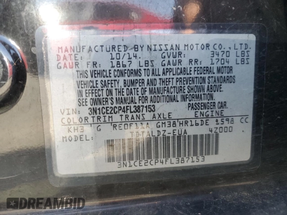 2015 Nissan Note SV with VIN 3N1CE2CP4FL387153, listed as a Copart auction lot 57180805 with 113,457 mi miles and Clean title. Bid and sale history available at DreamBid. Image 12.