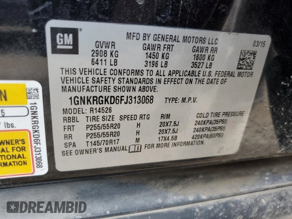 2015 Chevrolet Traverse LT with VIN 1GNKRGKD6FJ313068, listed as a Copart auction lot 57554715 with 211,207 mi miles and Salvage title. Bid and sale history available at DreamBid. Image 13.