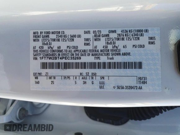 2023 Ford F-250 XL with VIN 1FT7W2BT4PEC35269, listed as a Copart auction lot 42623665 with 115,402 mi miles and Salvage Title. Bid and sale history available at DreamBid. Image 14.