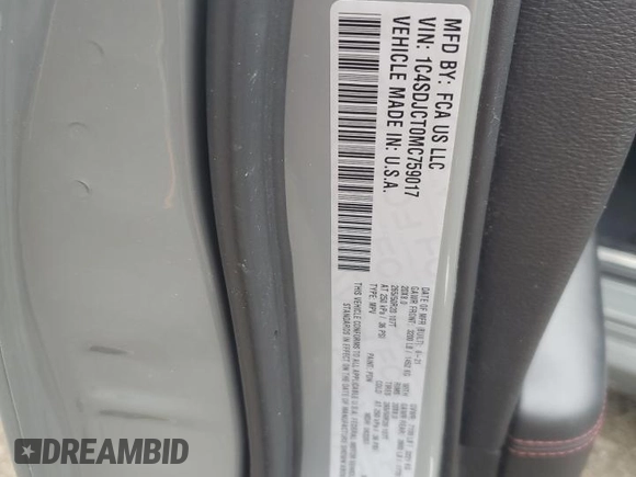 2021 Dodge Durango R/T with VIN 1C4SDJCT0MC759017, listed as a Copart auction lot 57956325 with 55,451 mi miles and Salvage title. Bid and sale history available at DreamBid. Image 12.