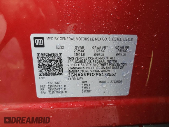 2023 Chevrolet Equinox LT with VIN 3GNAXKEG2PS172557, listed as a Copart auction lot 55362735 with 74,970 mi miles and Salvage title. Bid and sale history available at DreamBid. Image 13.