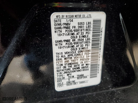 2004 Nissan Murano SE with VIN JN8AZ08W74W316554, listed as a Copart auction lot 45631785 with 151,912 mi miles and Salvage Title. Bid and sale history available at carsss.com. Image 13.