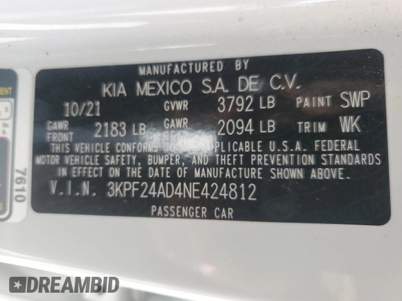 2022 Kia Forte LXS with VIN 3KPF24AD4NE424812, listed as a Copart auction lot 46891245 with 50,679 mi miles and Salvage Title. Bid and sale history available at carsss.com. Image 12.