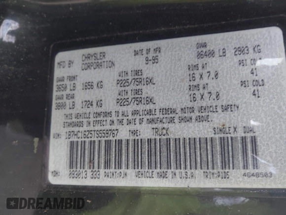 1996 Dodge 1500 с VIN 1B7HC16Z5TS559767, выставлен на аукционе IAAI как лот 41540560 с пробегом 194 340 миль миль и . История ставок и продаж доступна на DreamBid. Изображение 9.