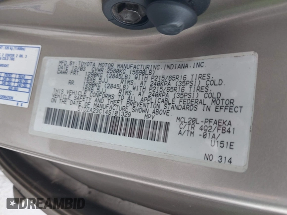 2004 Toyota Sienna CE with VIN 5TDZA23C14S101329, listed as a IAAI auction lot 42248935 with 208,644 mi miles and . Bid and sale history available at DreamBid. Image 9.