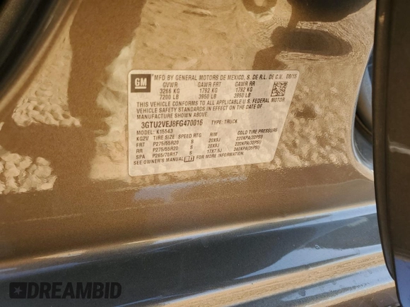 2015 GMC Sierra 1500 SLT with VIN 3GTU2VEJ8FG470016, listed as a Copart auction lot 81101074 with 97,524 mi miles and Salvage Title. Bid and sale history available at DreamBid. Image 14.