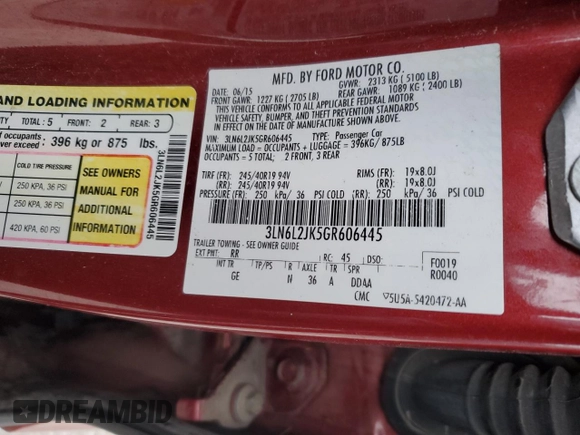 2016 Lincoln MKZ с VIN 3LN6L2JK5GR606445, выставлен на аукционе Copart как лот 85376444 с пробегом Не указан миль и На запчасти • Non repairable. История ставок и продаж доступна на DreamBid. Изображение 13.