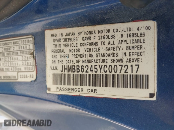2000 Honda Prelude with VIN JHMBB6245YC007217, listed as a IAAI auction lot 42073430 with 133,492 mi miles and . Bid and sale history available at DreamBid. Image 9.