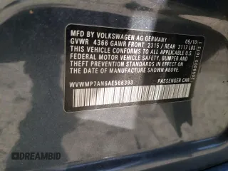 2010 Volkswagen CC Sport with VIN WVWMP7AN6AE566393, listed as a Copart auction lot 55233175 with 139,307 mi miles and Salvage Title. Bid and sale history available at DreamBid. Image 12.