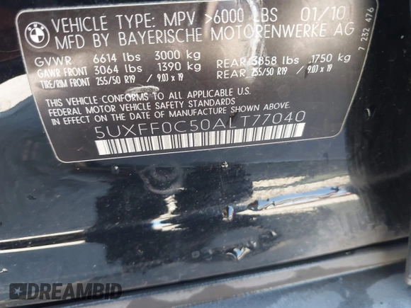 2010 BMW X5 35d with VIN 5UXFF0C50ALT77040, listed as a IAAI auction lot 42650814 with 137,618 mi miles and . Bid and sale history available at DreamBid. Image 9.