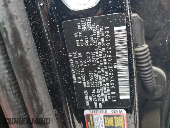 2024 Kia Sportage SX-Prestige with VIN 5XYK5CDF0RG201091, listed as a Copart auction lot 55604155 with 37,563 mi miles and Salvage title. Bid and sale history available at DreamBid. Image 12.