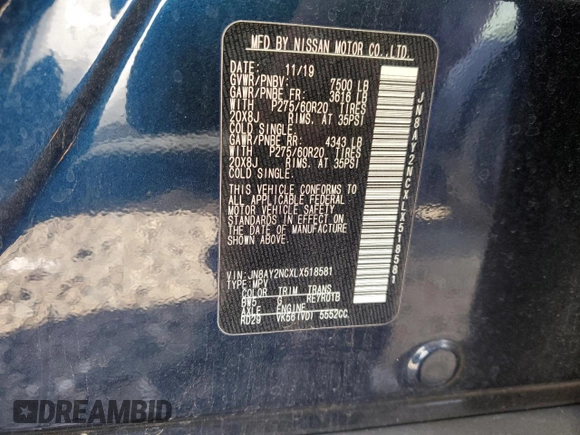 2020 Nissan Armada SL with VIN JN8AY2NCXLX518581, listed as a Copart auction lot 38873594 with 0 mi miles and Salvage Title. Bid and sale history available at carsss.com. Image 13.