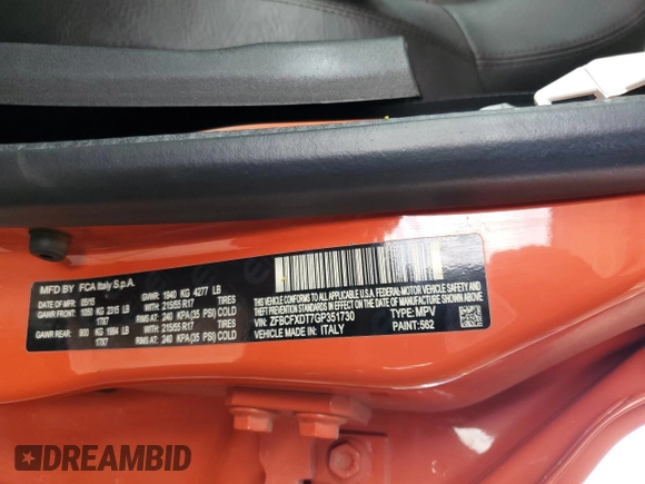 2016 FIAT 500X Lounge with VIN ZFBCFXDT7GP351730, listed as a Copart auction lot 58398785 with 41,322 mi miles and Salvage title. Bid and sale history available at DreamBid. Image 12.