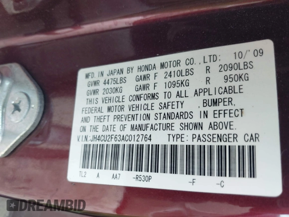 2010 Acura TSX with VIN JH4CU2F63AC012764, listed as a IAAI auction lot 42606948 with 241,310 mi miles and . Bid and sale history available at DreamBid. Image 9.