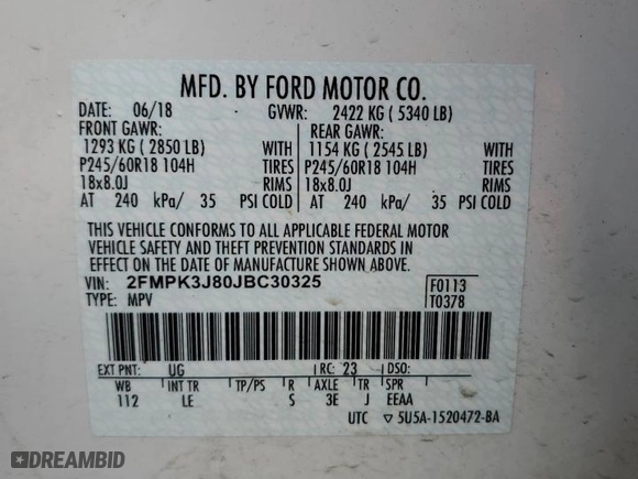 2018 Ford Edge SEL with VIN 2FMPK3J80JBC30325, listed as a Copart auction lot 51328205 with 68,712 mi miles and Salvage Title. Bid and sale history available at carsss.com. Image 12.