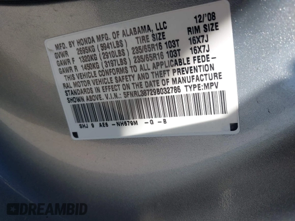 2009 Honda Odyssey EX-L with VIN 5FNRL38729B032786, listed as a IAAI auction lot 42012590 with 188,552 mi miles. Bid and sale history available at carsss.com. Image 9.