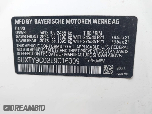 2020 BMW X3 M40i with VIN 5UXTY9C02L9C16309, listed as a IAAI auction lot 41285541 with 57,373 mi miles and . Bid and sale history available at DreamBid. Image 9.