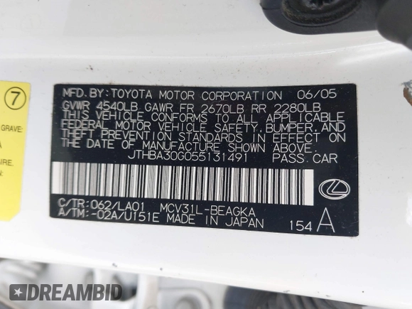 2005 Lexus ES 350 with VIN JTHBA30G055131491, listed as a IAAI auction lot 42534063 with 115,352 mi miles and . Bid and sale history available at DreamBid. Image 9.