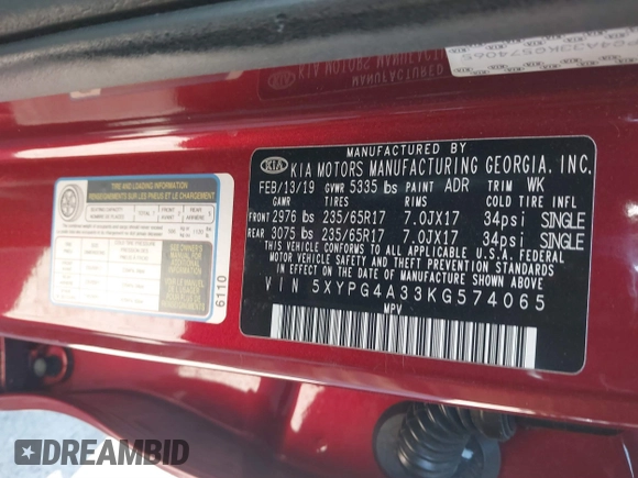 2019 Kia Sorento LX with VIN 5XYPG4A33KG574065, listed as a IAAI auction lot 41610056 with 93,146 mi miles. Bid and sale history available at carsss.com. Image 9.