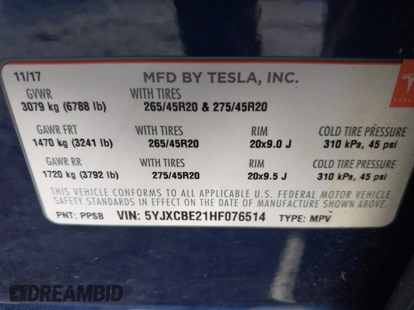 2017 Tesla Model X 90D z VIN 5YJXCBE21HF076514, wystawiony jako IAAI lot #41559020 z przebiegiem 108 573 mil mil oraz . Historia ofert i sprzedaży dostępna na DreamBid. Obrazek 9.