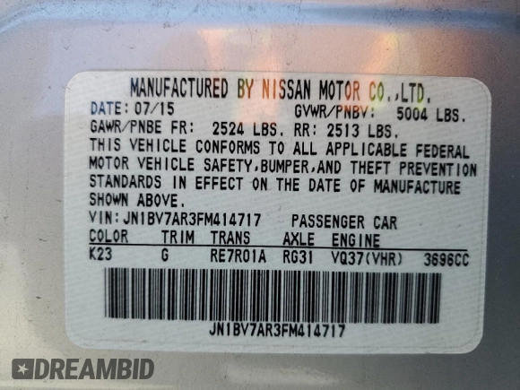 2015 Infiniti Q50 z VIN JN1BV7AR3FM414717, wystawiony jako Copart lot #58420545 z przebiegiem 79 393 mil mil oraz Szkoda całkowita • Salvage title. Historia ofert i sprzedaży dostępna na DreamBid. Obrazek 13.