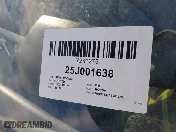 1986 Honda Civic z VIN JHMAK7439GS063929, wystawiony jako IAAI lot #41594413 z przebiegiem Nie podano mil oraz . Historia ofert i sprzedaży dostępna na DreamBid. Obrazek 9.