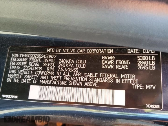 2013 Volvo XC60 T6 with VIN YV4902DZ9D2450877, listed as a Copart auction lot 65319795 with 197,234 mi miles and Clean title. Bid and sale history available at DreamBid. Image 13.
