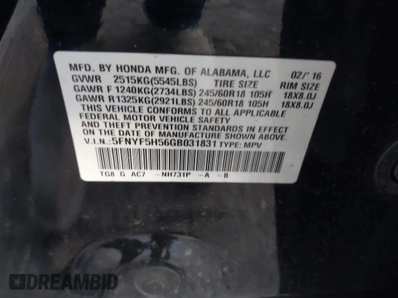 2016 Honda Pilot EX-L with VIN 5FNYF5H56GB031831, listed as a IAAI auction lot 41111342 with 244,197 mi miles and . Bid and sale history available at DreamBid. Image 9.