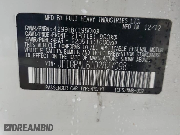 2013 Subaru Impreza Special Sports Premium with VIN JF1GPAL61D2827098, listed as a Copart auction lot 62030425 with 161,116 mi miles and Salvage title. Bid and sale history available at DreamBid. Image 12.