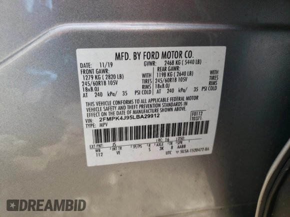 2020 Ford Edge SEL z VIN 2FMPK4J95LBA29912, wystawiony jako Copart lot #82968534 z przebiegiem 104 083 mil mil oraz Szkoda całkowita • Salvage title. Historia ofert i sprzedaży dostępna na DreamBid. Obrazek 16.
