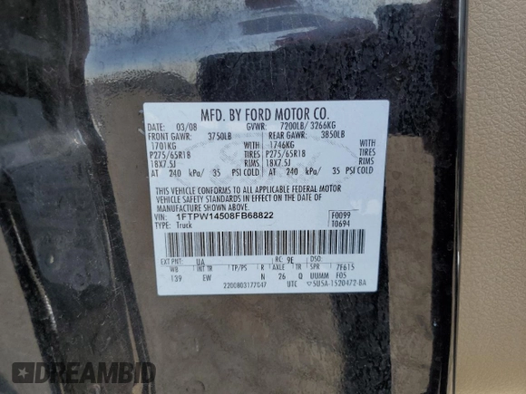 2008 Ford F-150 XLT with VIN 1FTPW14508FB68822, listed as a Copart auction lot 61831345 with 208,259 mi miles and Salvage title. Bid and sale history available at DreamBid. Image 12.