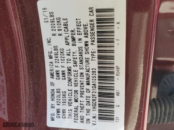 2016 Honda Accord Sedan LX with VIN 1HGCR2F31GA105393, listed as a Copart auction lot 51314075 with 91,945 mi miles and Salvage Title. Bid and sale history available at carsss.com. Image 13.