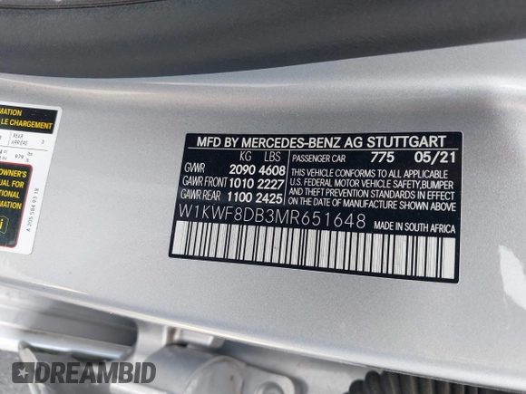 2021 Mercedes-Benz C 300 с VIN W1KWF8DB3MR651648, выставлен на аукционе IAAI как лот 42598403 с пробегом 95 609 миль миль и . История ставок и продаж доступна на DreamBid. Изображение 9.