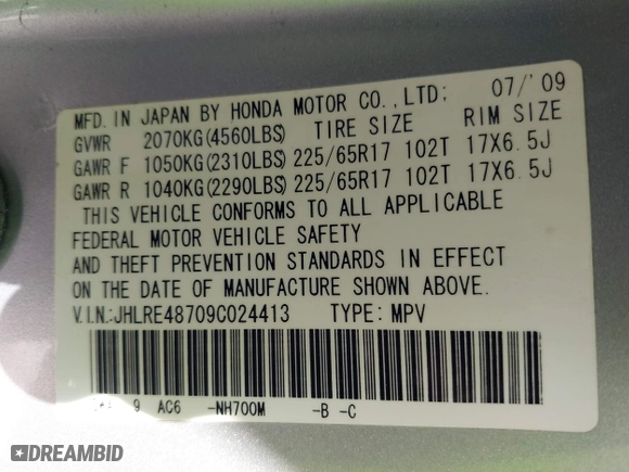 2009 Honda CR-V EX-L with VIN JHLRE48709C024413, listed as a IAAI auction lot 41935168 with 109,656 mi miles. Bid and sale history available at carsss.com. Image 9.