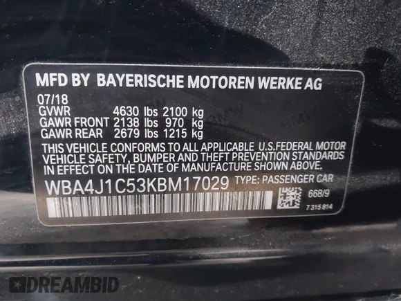 2019 BMW 4 Series 430i with VIN WBA4J1C53KBM17029, listed as a IAAI auction lot 41933607 with 54,107 mi miles and . Bid and sale history available at DreamBid. Image 9.
