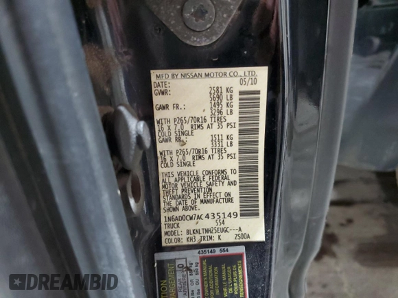 2010 Nissan Frontier SE z VIN 1N6AD0CW7AC435149, wystawiony jako Copart lot #55221515 z przebiegiem Nie podano mil oraz Szkoda całkowita • Salvage title. Historia ofert i sprzedaży dostępna na DreamBid. Obrazek 12.