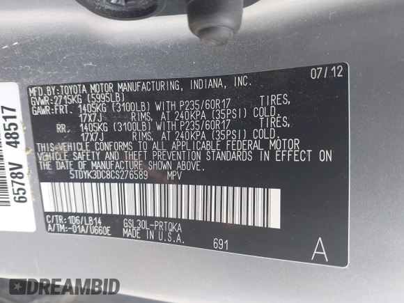 2012 Toyota Sienna XLE AAS с VIN 5TDYK3DC8CS276589, выставлен на аукционе IAAI как лот 42252242 с пробегом 221 618 миль миль и . История ставок и продаж доступна на DreamBid. Изображение 9.
