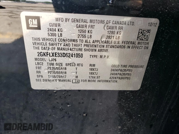 2013 GMC Terrain SLT with VIN 2GKFLXE33D6241050, listed as a Copart auction lot 68140624 with 94,299 mi miles and Salvage title. Bid and sale history available at DreamBid. Image 14.